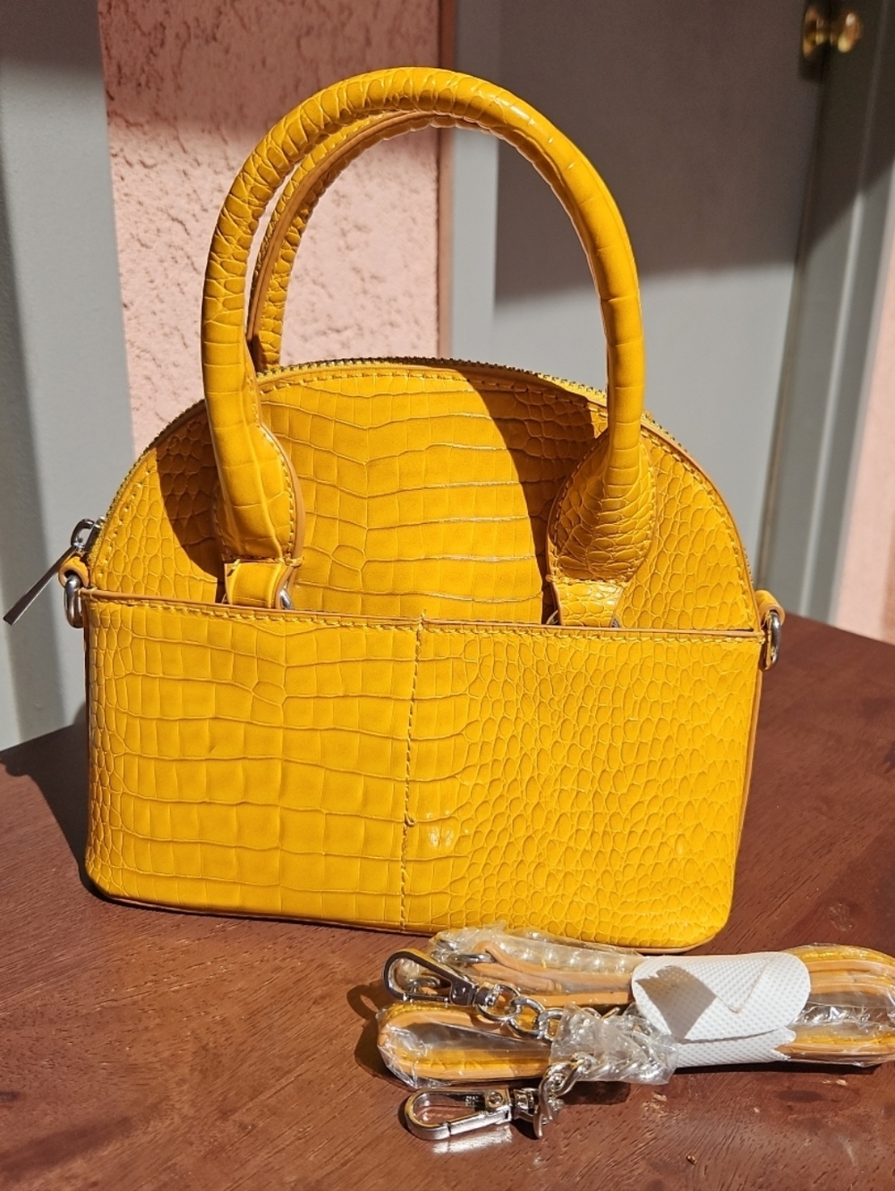 Zara Faux Crocodile Yellow Mustard Top-Handle And Crossbody Mini- Bowling Bag